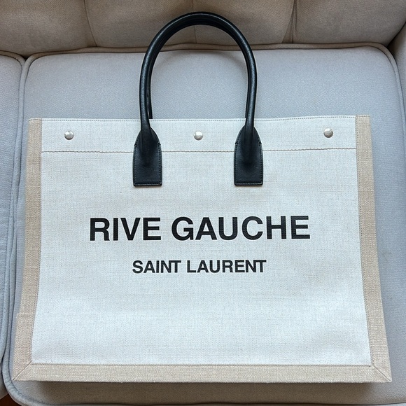 YSL Rive Gauche Large Tote Bag In Printed Canvas And Leather Lin Blanc Like New - Picture 15 of 17